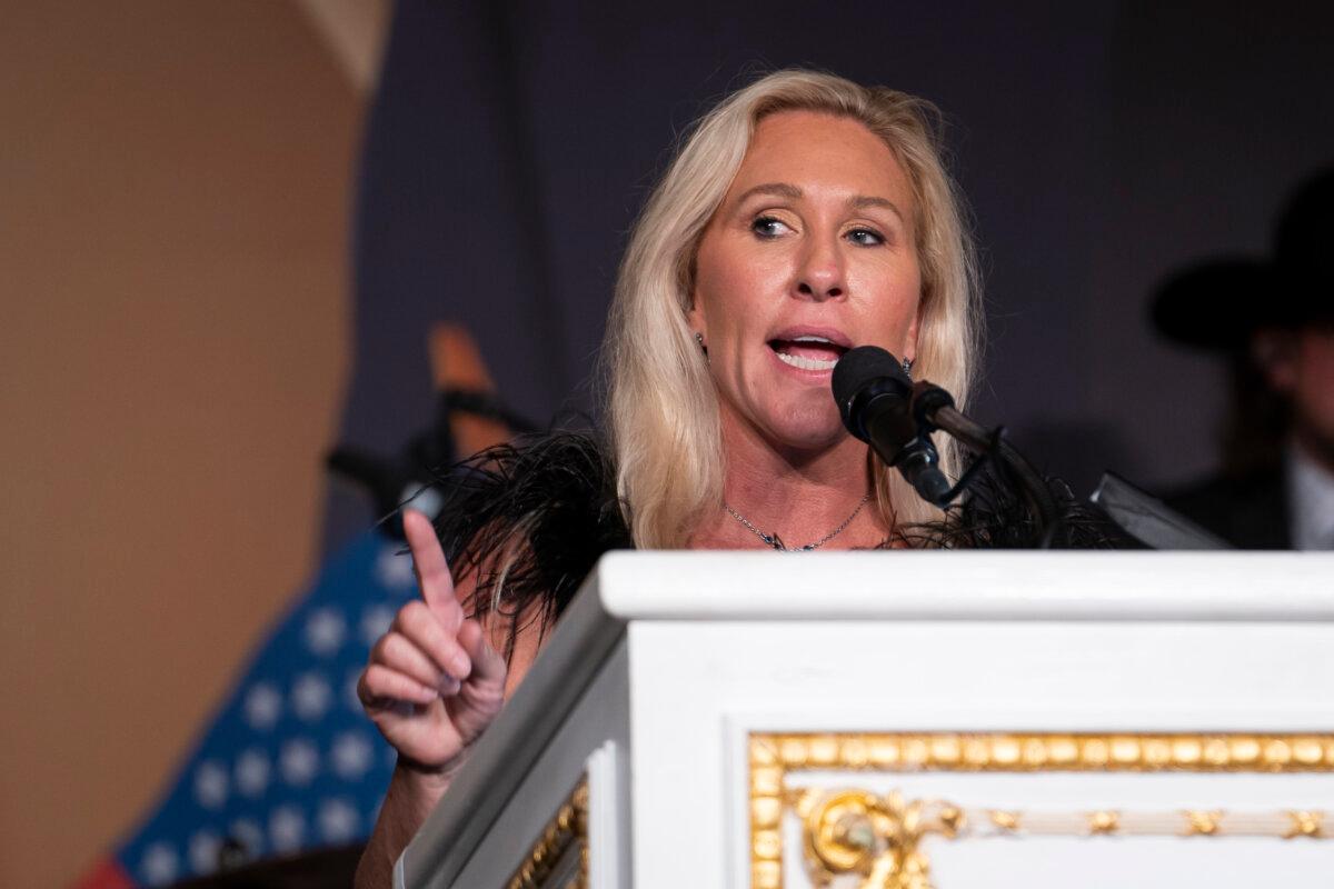 Rep. Marjorie Taylor Greene (R-Ga.) attends an event organized by Trumpettes USA at the Mar-a-Lago Club in Palm Beach, Fla., on Feb. 10, 2024. (Madalina Vasiliu/The Epoch Times)