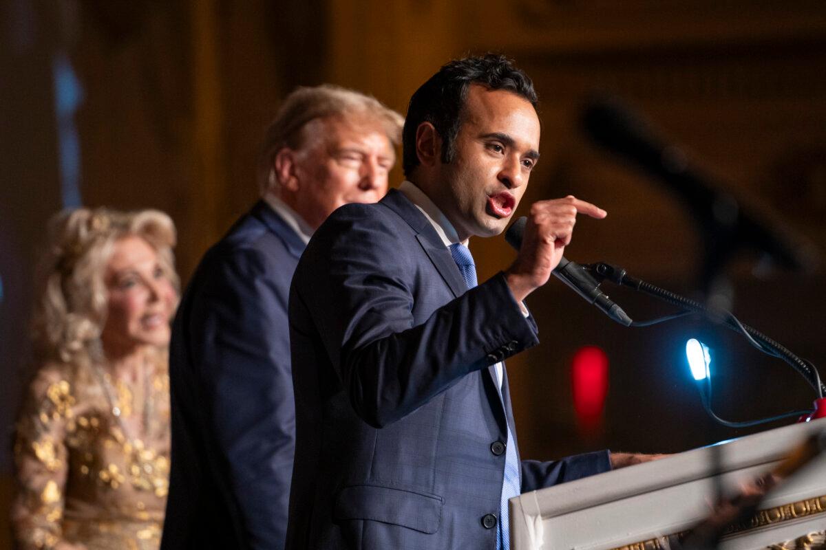Former GOP presidential candidate Vivek Ramaswamy speaks during an event organized by Trumpettes USA with former President Donald J. Trump at the Mar-a-Lago Club in Palm Beach, Fla., on Feb. 10, 2024. (Madalina Vasiliu/The Epoch Times)