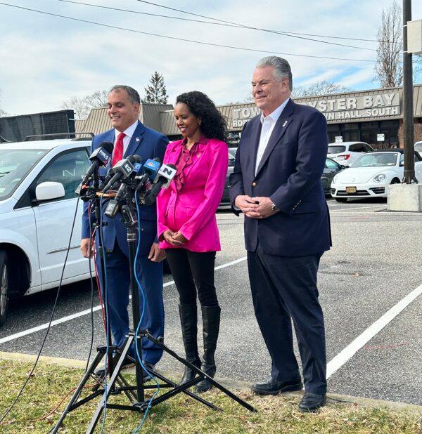 Mazi Pilip holds a news conference outside of Robert E. Picken Town Hall South building in Oyster Bay after casting her early ballot on Feb. 9, 2024. (Courtesy of Juliette Fairley)