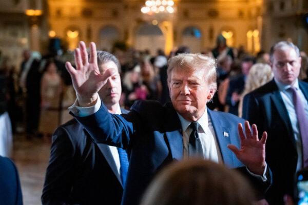 Former President Donald J. Trump greets guests after speaking at an event organized by Trumpettes USA at the Mar-a-Lago Club in Palm Beach, Fla., on Feb. 10, 2024. (Madalina Vasiliu/The Epoch Times)