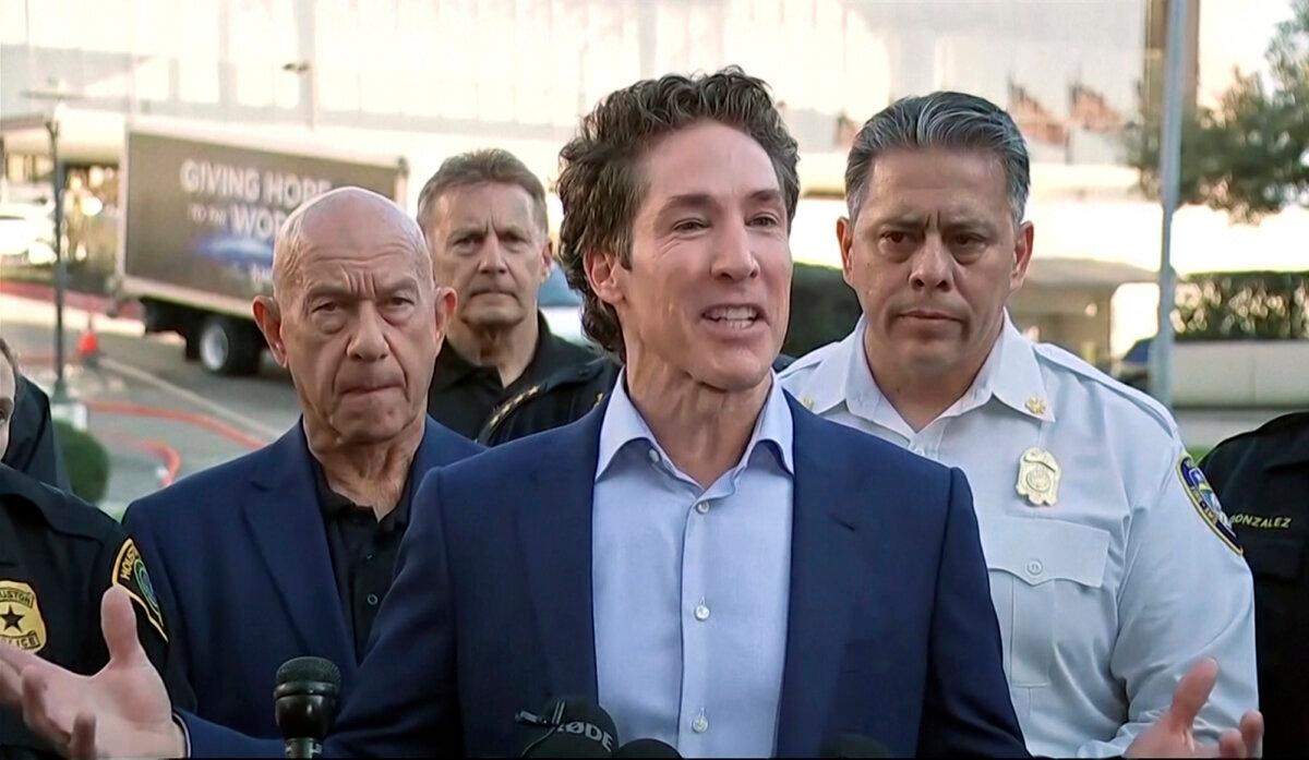 Pastor Joel Osteen speaks to the media after a shooting at Lakewood Church in Houston on Feb. 11, 2024, in a still from video. (KTRK-TV ABC13 via AP)