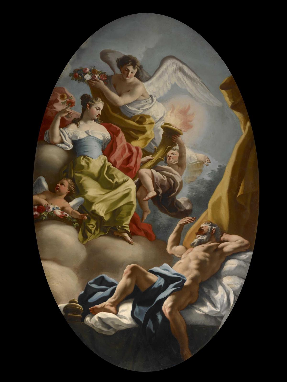 The personification of wisdom and truth shines light into the shadows of man in the painting "Allegory of Wisdom and Truth," circa 1750, from the workshop of Francesco de Mura. Oil on canvas. Museum of Fine Arts, Houston. (Public Domain)