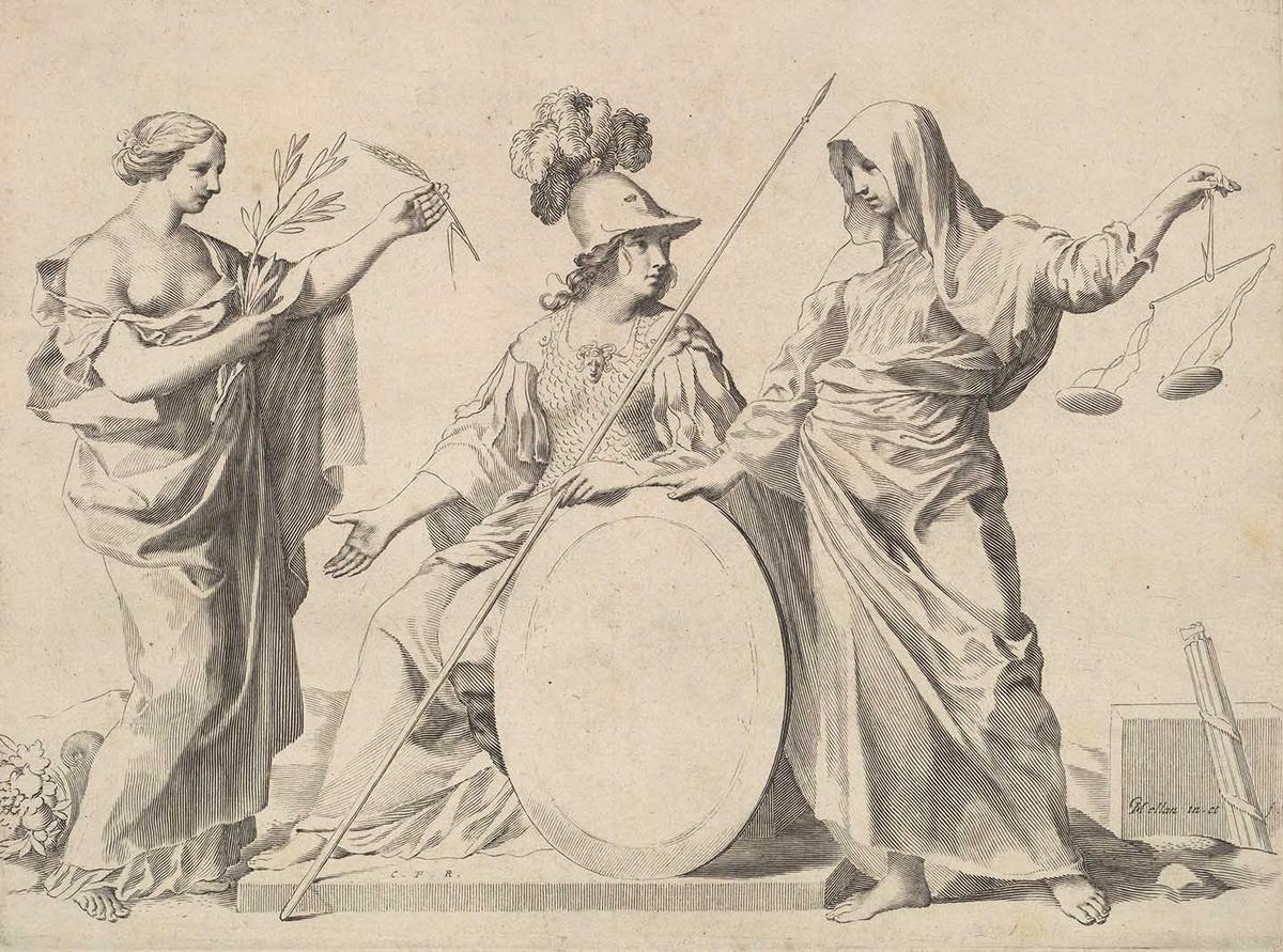 Minerva (the Roman equivalent of Athena) flanked by Peace and Justice, 17th century, by Claude Mellan. Engraving. The Metropolitan Museum of Art, New York. (Public Domain)
