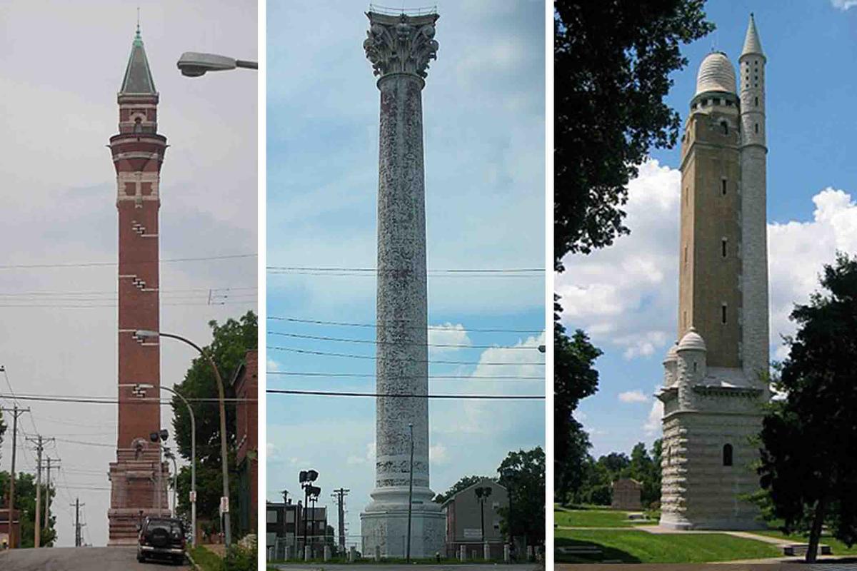 (Left) Bissell Point Tower (Onegentlemanofverona/CC BY 3.0); (Center) East Grand Tower (Onegentlemanofverona/CC BY 3.0); (Right) Compton Hill Tower. (Millbrooky/CC BY 3.0)