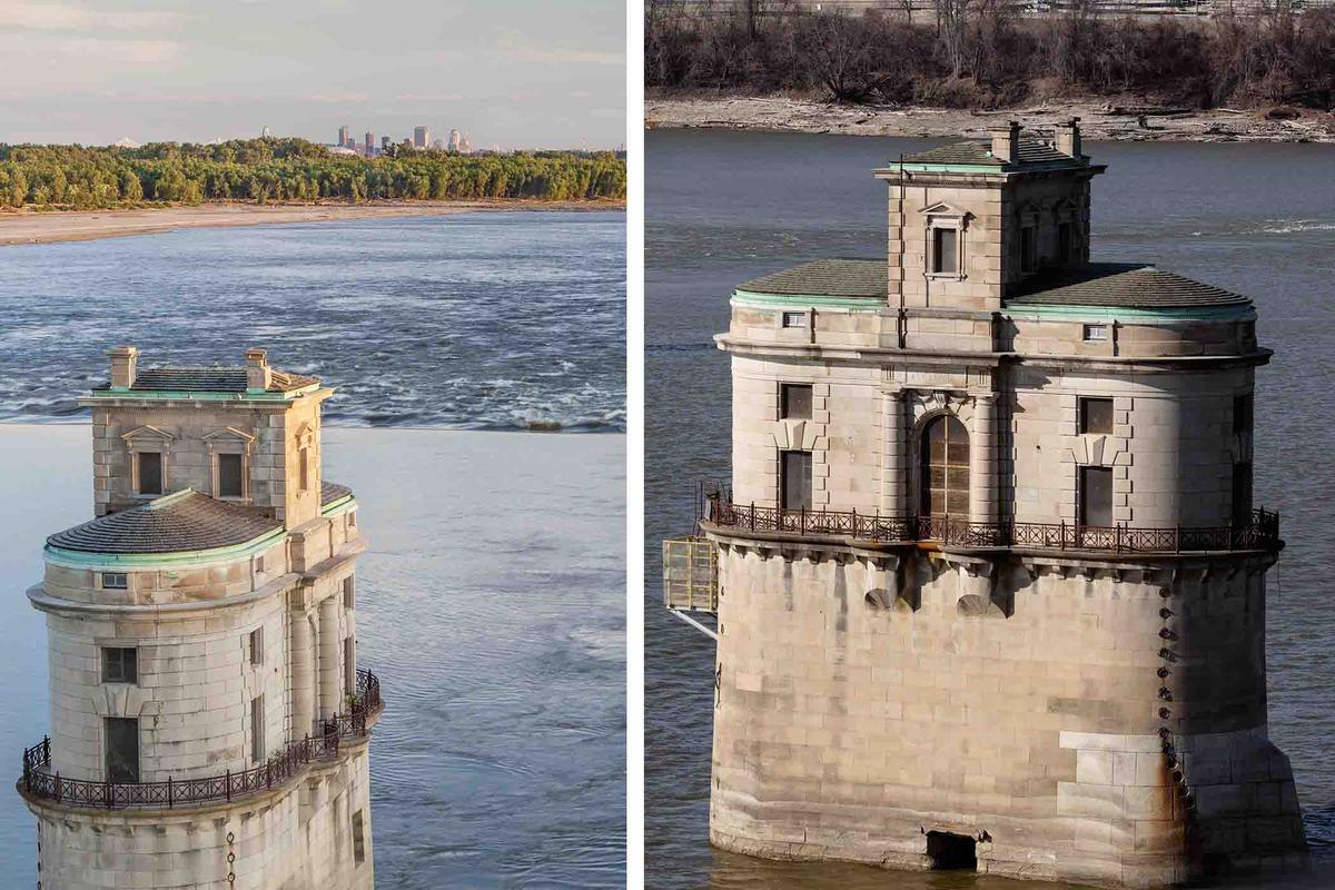 Two different views of Tower 2 on the Mississippi River in St. Louis. (Left: marekuliasz/Shutterstock; Right: SARAH DIXON19/Shutterstock)