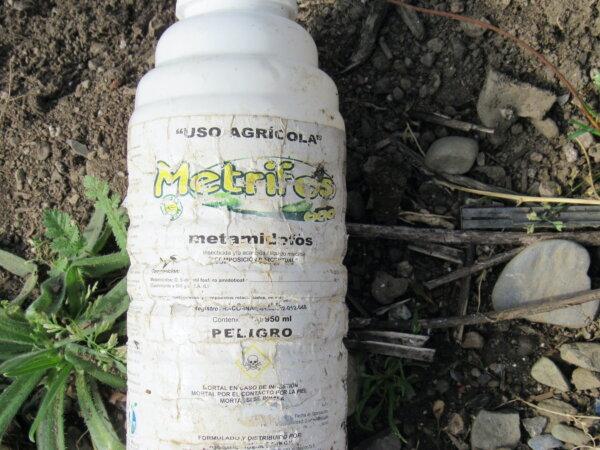 A container of Methamphidophos, a banned and severely restricted pesticide not allowed in the United States, found on an illegal cannabis grow site in Mendocino County, California. (Courtesy of the Mendocino County Sheriff's Department)