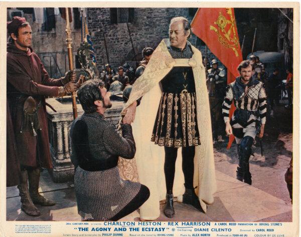 Michelangelo (Charlton Heston, 2nd L) and Pope Julius II (Rex Harrison), in "The Agony and the Ecstasy." (MovieStillsDB)