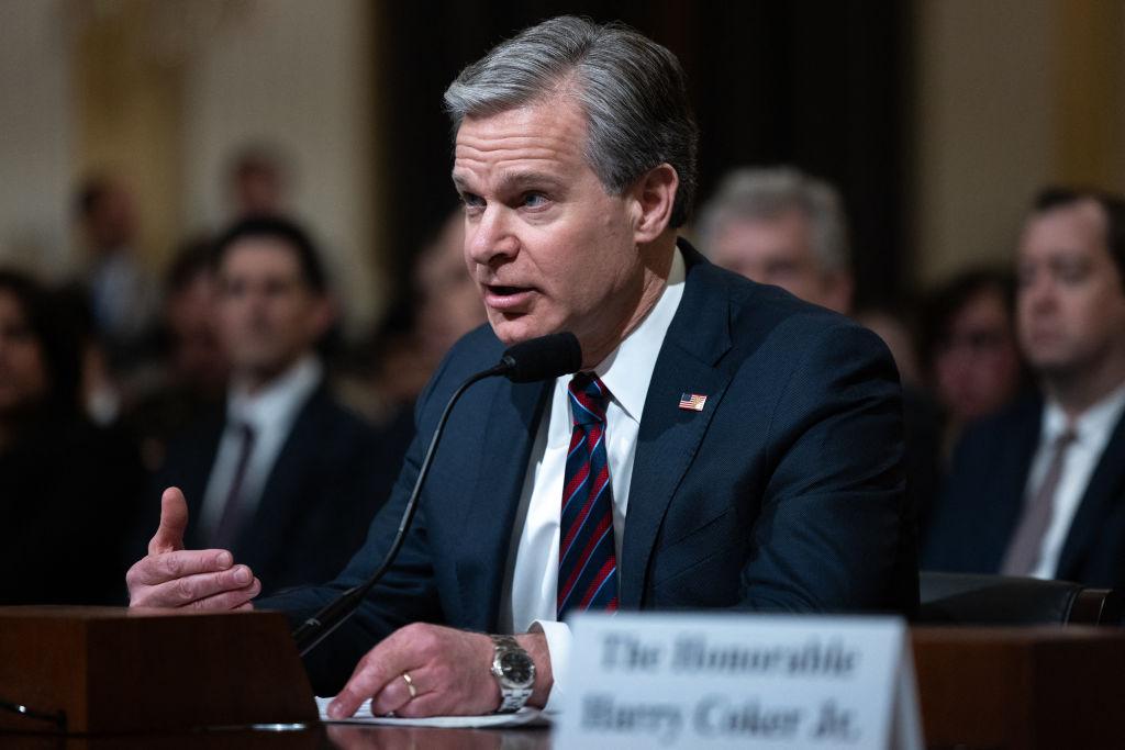 FBI Director Christopher Wray testifies during a congressional hearing on the CCP Cyber Threat to the American Homeland and National Security in Washington, on January 31, 2024. (Photo by Julia Nikhinson/AFP via Getty Images)