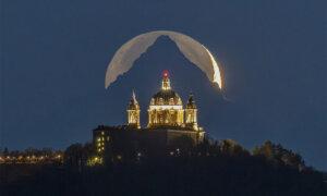 A Cathedral, a Mountain, and the Moon Perfectly Align in a Magical Photo: Simply Breathtaking!
