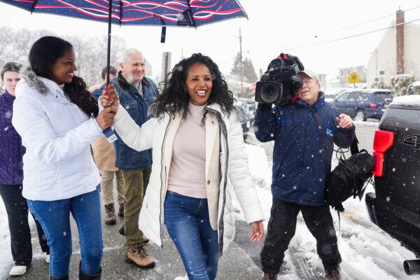 Mazi Pilip on the campaign trail leaves McKenna Elementary School after a press conference in Massapequa, N.Y., on Feb. 13, 2024. (Samira Bouaou/The Epoch Times)