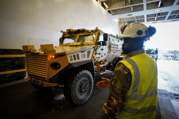Vehicles and equipment are loaded onboard MV Anvil Point at the Sea Mounting Centre in Marchwood near Southampton, Hampshire, on Feb. 13, 2024. (Ben Birchall/PA)
