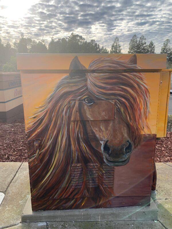 A painting of a horse by Suzanne Gayle on a public utility box in Hayward, Calif., on Jan. 28, 2024. (Helen Billings/The Epoch Times)