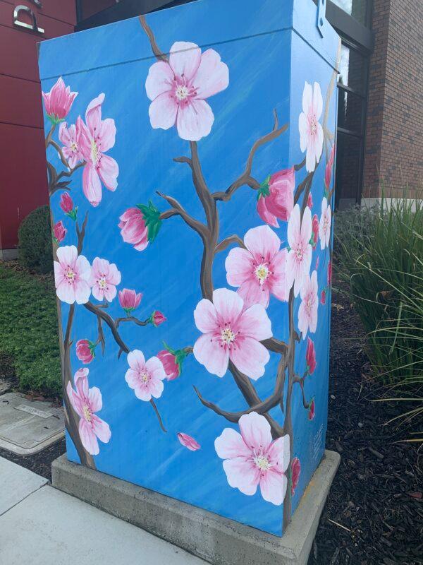 Cherry blossoms painted by Suzanne Gayle on a public utility box in Livermore, Calif., on Jan. 28, 2024. (Helen Billings/The Epoch Times)