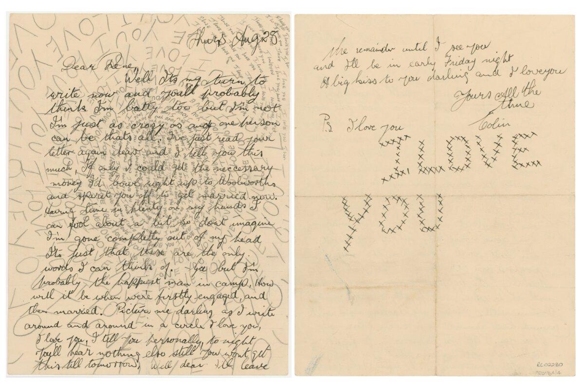 A supplied diptych obtained and generated on Wednesday, February 14, 2024, shows a letter from a serviceman to his love from the national collection of the Australian War Memorial in Canberra. Handwritten love letters from servicemen are many documents from the Australian War Memorial collection published online as part of a transcription project. (Courtesy of the Australian War Memorial)