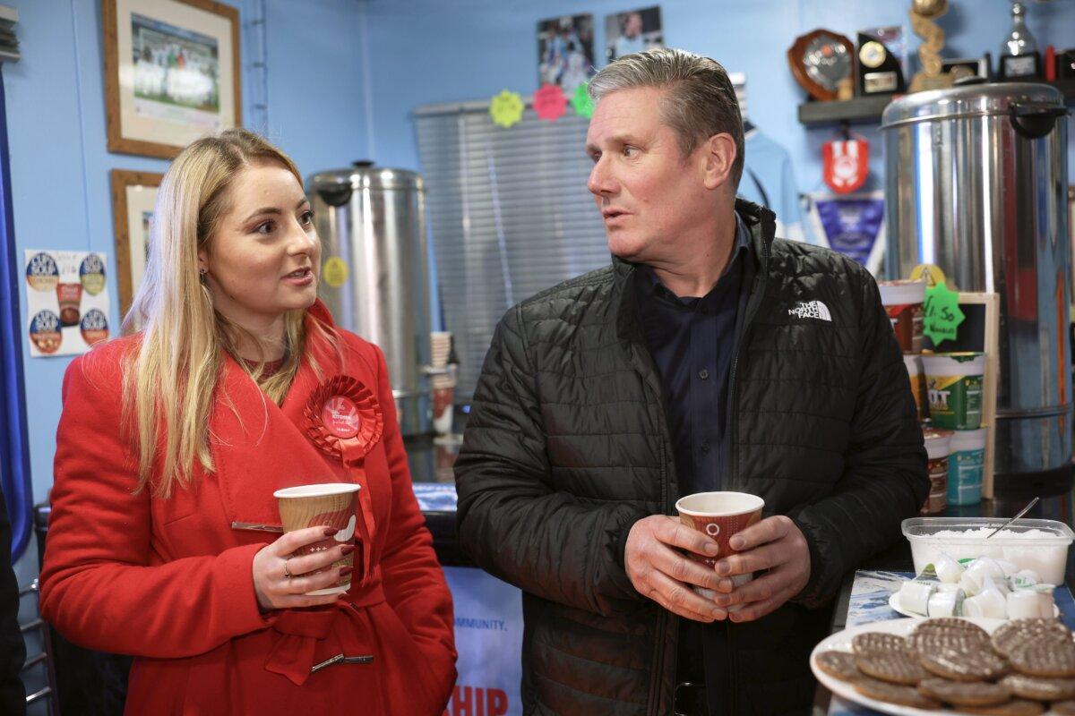 Sir Keir Starmer campaigns with Labour's by-election candidate Gen Kitchen at AFC Rushden and Diamonds in Rushden, England, on Feb. 13, 2024. (Eddie Keogh/Getty Images)