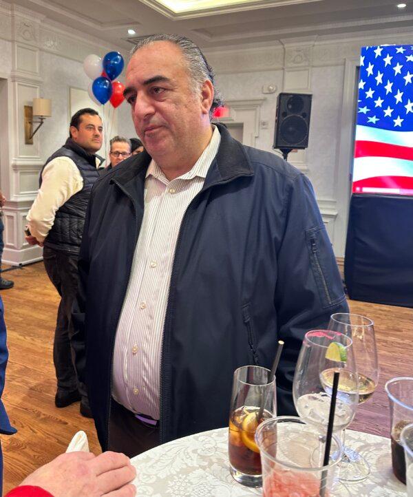 Friend of the Pilip family Mehran Hakimian attends a watch party in New York, on Feb. 13, 2024. (Courtesy of Juliette Fairley)