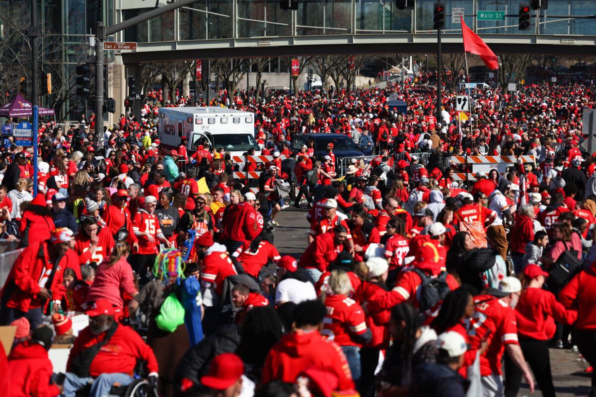 People leave the area following a shooting at Union Station during the Kansas City Chiefs Super Bowl LVIII victory parade in Kansas City, Mo., on Feb. 14, 2024. (Jamie Squire/Getty Images)