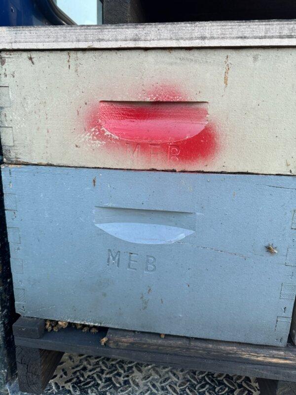 The hives are labeled with the letters “MEB,” so they should be easy to recognize, the sheriff’s office said. (Courtesy of Fresno County Sheriff's Department)