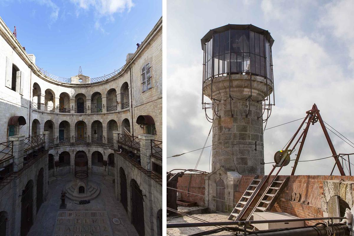 (Left) The interior of Fort Boyard; (Right) The fort's watchtower. (Jan Willem van Hofwegen/Shutterstock)