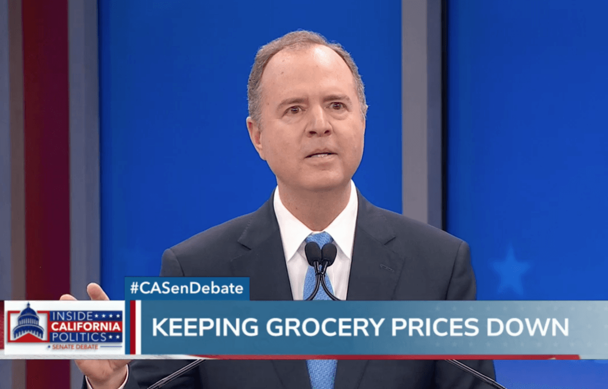 Democrat Rep. Adam Schiff, Senate candidate, speaks during a debate in San Francisco on Feb. 12, 2024. (KRON4/Screenshot via The Epoch Times)