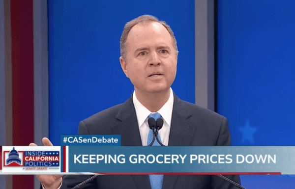 Democrat U.S. Rep. Adam Schiff, U.S. Senate candidate, speaks during a debate in San Francisco on Feb. 12, 2024. (KRON4/Screenshot via The Epoch Times)