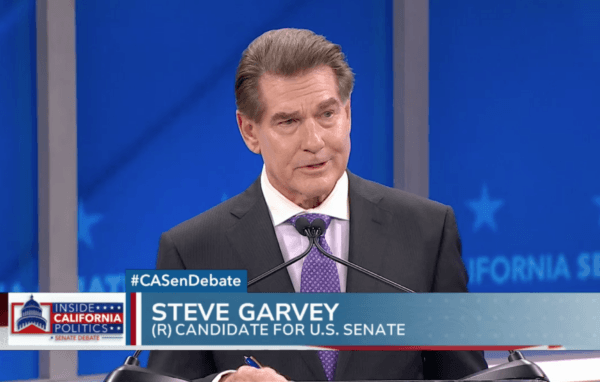 Republican Steve Garvey, U.S. Senate candidate, speaks during a debate in San Francisco on Feb. 12, 2024. (KRON4/Screenshot via The Epoch Times)