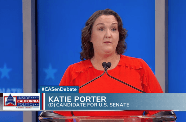 Democrat U.S. Rep. Katie Porter, U.S. Senate candidate, speaks during a debate in San Francisco on Feb. 12, 2024. (KRON4/Screenshot via The Epoch Times)
