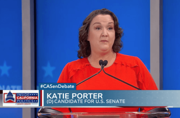 Democrat U.S. Rep. Katie Porter, Senate candidate, speaks during a debate in San Francisco on Feb. 12, 2024. (KRON4/Screenshot via The Epoch Times)
