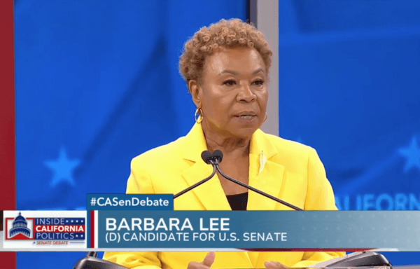 Democrat U.S. Rep. Barbara Lee, Senate candidate, speaks during a debate in San Francisco on Feb. 12, 2024. (KRON4/Screenshot via The Epoch Times)