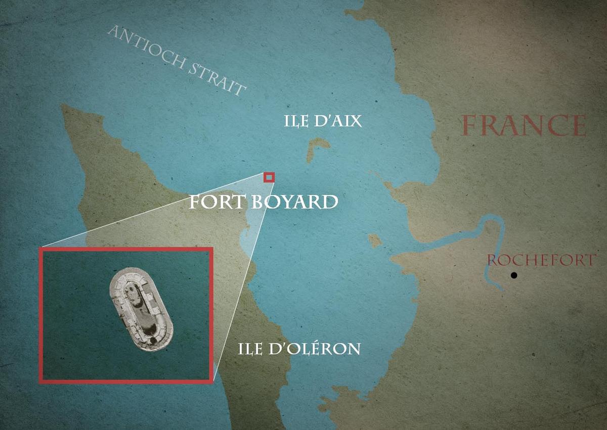 Fort Boyard in Antioch Strait, off the west coast of France, as it might have looked in the 19<sup>th </sup>century. (An illustration image designed by The Epoch Times using images from Screenshot/<a href="https://www.google.com/maps/place/Pertuis+d'Antioche/@46.0316021,-1.3154838,80572m/data=!3m1!1e3!4m6!3m5!1s0x4803fcfa4e99c7a3:0x50e595389aef9538!8m2!3d46.06871!4d-1.2385396!16zL20vMDJsOHk3?entry=ttu">Copyright TerraMetrics, LLC; Google Maps</a> and pashabo/Shutterstock)