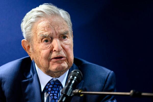 After delivering a speech, George Soros answers questions on the sidelines of the World Economic Forum (WEF) annual meeting in Davos on May 24, 2022. (Fabrice Coffrini/AFP via Getty Images)
