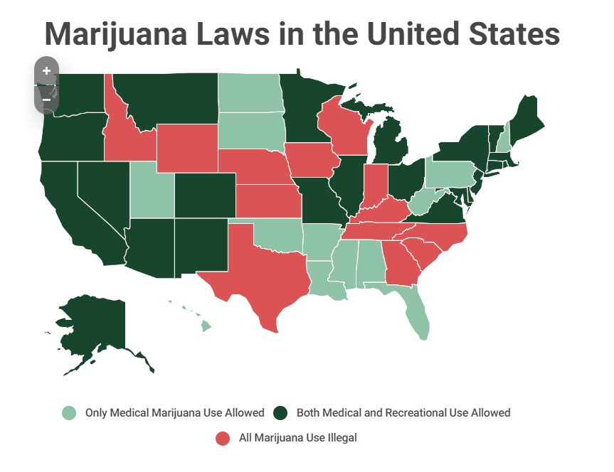 In 24 states and the District of Columbia, it's legal for adults at least 21 years old to possess marijuana for recreational use. Another 13 states allow only medical use with a recommendation from a doctor. (Illustration by Jacob Burg via Infogram)