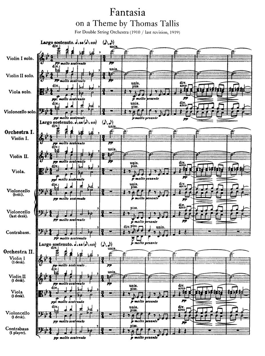 The first page of Ralph Vaughan Williams's "Fantasia on a Theme by Thomas Tallis." (PD-US)
