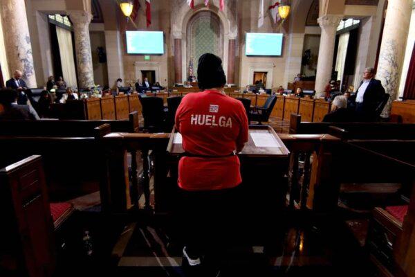 A striking hotel worker addresses officials during a City Council meeting on Feb. 14, 2024. (Courtesy of Unite Here Local 11)