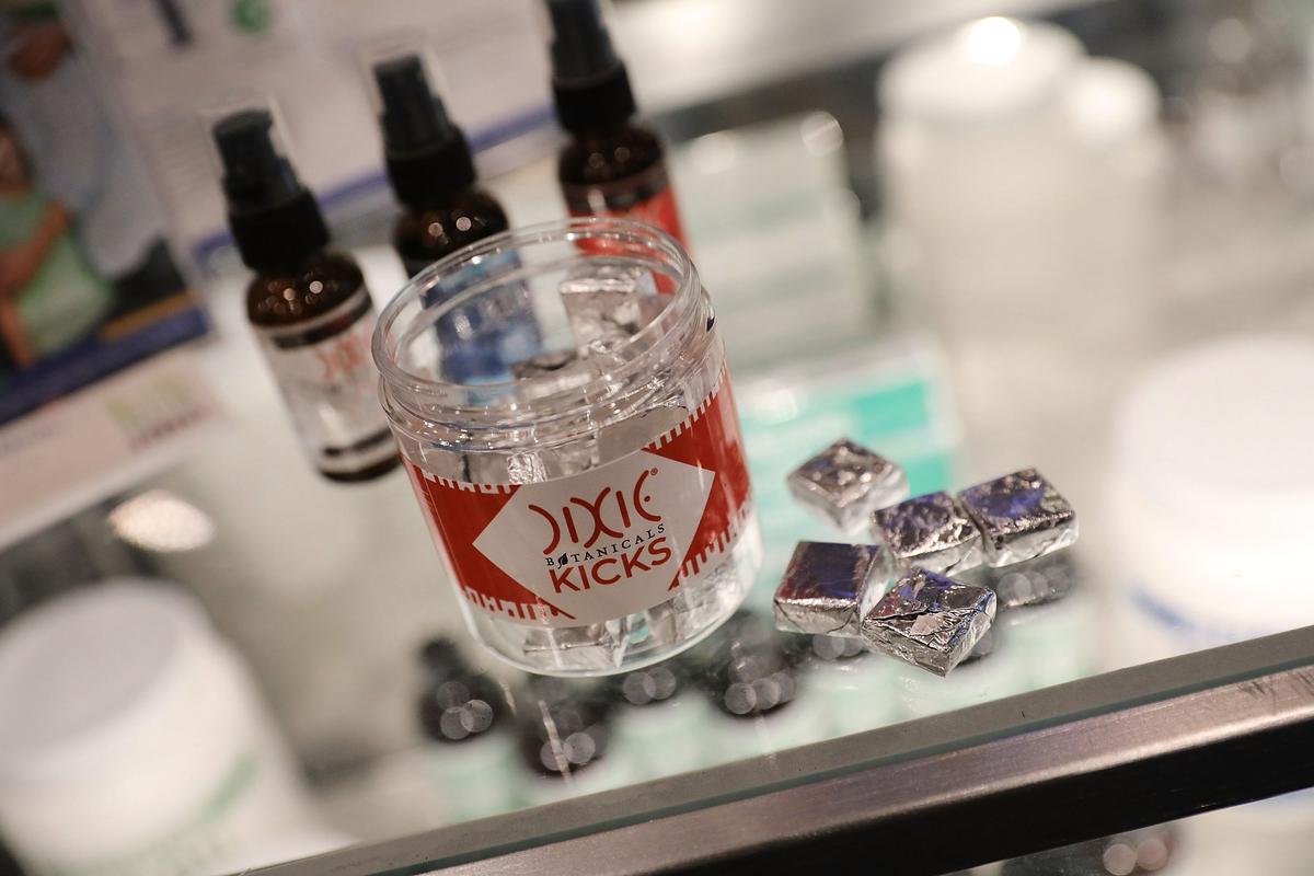 An edible marijuana-infused product by Dixie is displayed in front of marijuana tincture bottles at the Cannabis World Congress Conference in New York on June 16, 2017. (Spencer Platt/Getty Images)