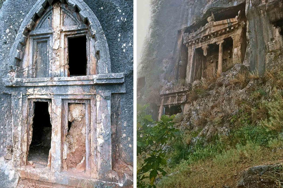 (Left) Detail of a tomb in Myra; (Right) A temple tomb in Telmessos. (<a href="https://commons.wikimedia.org/wiki/File:Kash_95_019.jpg">Dosseman</a>/<a href="https://creativecommons.org/licenses/by-sa/4.0/deed.en">CC BY-SA 4.0 DEED</a> and <a href="https://en.m.wikipedia.org/wiki/File:Telmessos_rock_tomb.jpg">Johnragla</a>/<a href="https://creativecommons.org/licenses/by-sa/3.0/deed.en">CC BY-SA 3.0 DEED</a>)