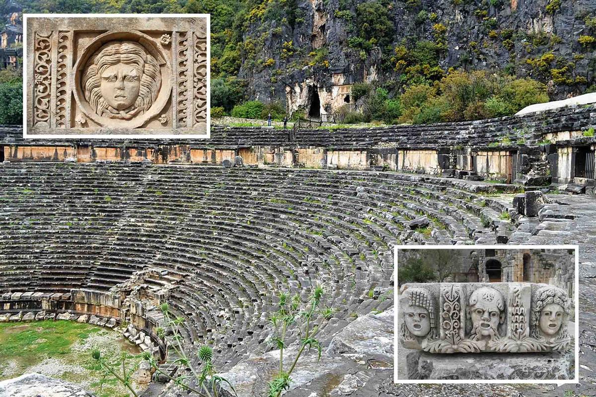 An ancient Roman theater in Myra, Turkey; (Inset) Carved masks display dramatic expressions. (<a href="https://commons.wikimedia.org/wiki/File:Mira_divadlo_2_-_panoramio.jpg">1089hruskapetr</a>/<a href="https://creativecommons.org/licenses/by/3.0/deed.en">CC BY 3.0 DEED</a>; <a href="https://commons.wikimedia.org/wiki/File:Carved_theatrical_mask_Myra_(32387362710).jpg">Carole Raddato</a>/<a href="https://creativecommons.org/licenses/by-sa/2.0/deed.en">CC BY-SA 2.0 DEED</a>; <a href="https://commons.wikimedia.org/wiki/File:Myra_Medusa.jpg">Ingo Mehling</a>/ <a href="https://creativecommons.org/licenses/by-sa/3.0/deed.en">CC BY-SA 3.0 DEED</a>)
