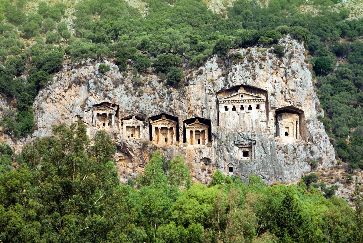 Famous Lycian tombs near the ancient city of Telmessos, Turkey. (Elen_studio/Shutterstock)