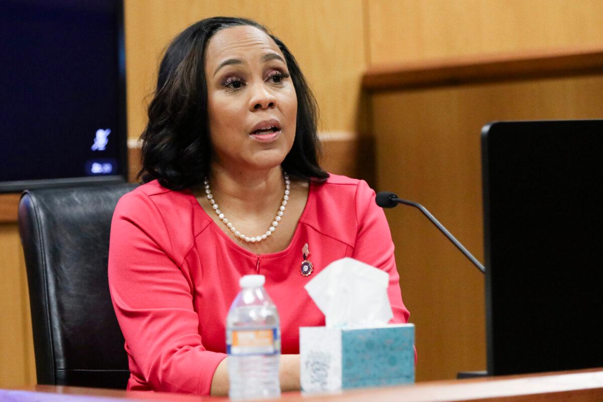 Fulton County District Attorney Fani Willis testifies during a hearing in the case of the State of Georgia v. Donald John Trump at the Fulton County Courthouse in Atlanta, Ga., on Feb. 15, 2024. (Alyssa Pointer-Pool/Getty Images)