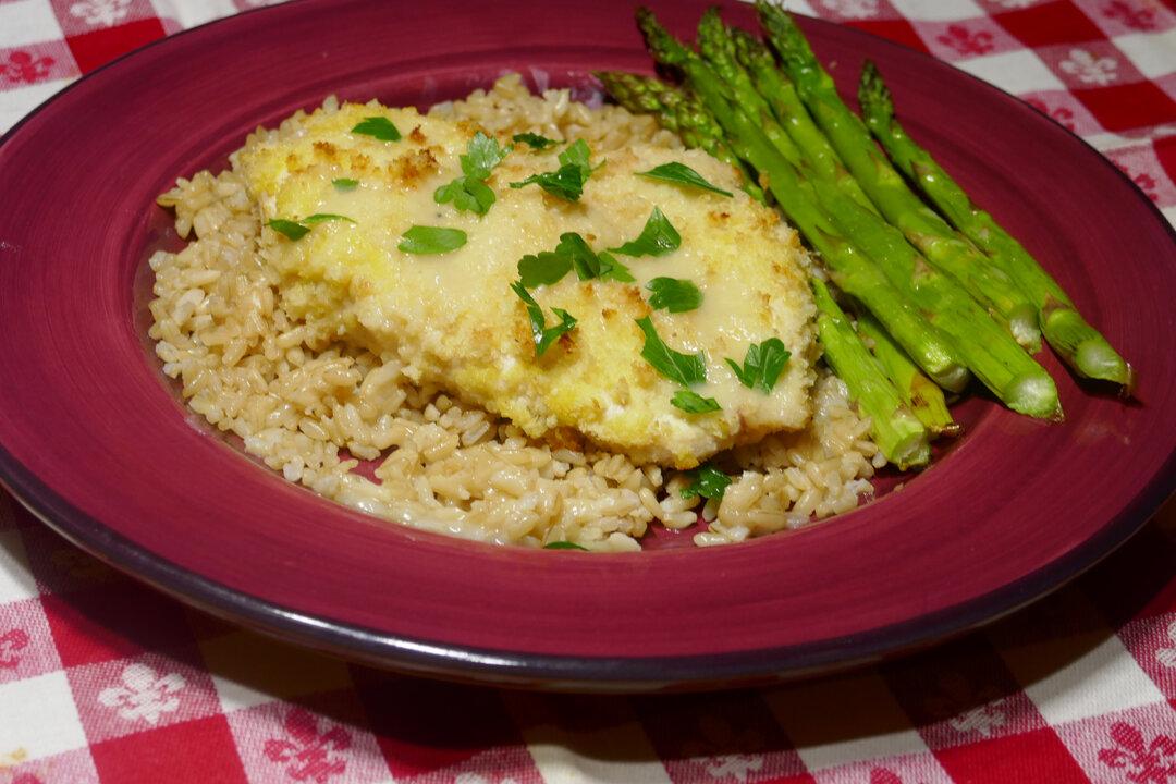 Chicken Francese With Asparagus and Rice