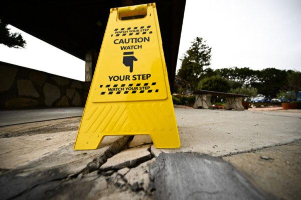 A cracked walkway outside the Wayfarers Chapel in a landslide-prone area following its closure due to land movement after heavy rains in Rancho Palos Verdes, Calif., on Feb. 16, 2024. (Patrick T. Fallon/AFP via Getty Images)