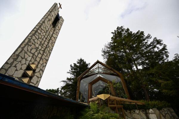 The Wayfarers Chapel in a landslide-prone area following its closure due to land movement after heavy rains in Rancho Palos Verdes, Calif., on Feb. 16, 2024. (Patrick T. Fallon/AFP via Getty Images)