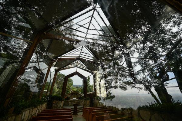 The Wayfarers Chapel in a landslide-prone area following its closure due to land movement after heavy rains in Rancho Palos Verdes, Calif., on Feb. 16, 2024. (Patrick T. Fallon/AFP via Getty Images)