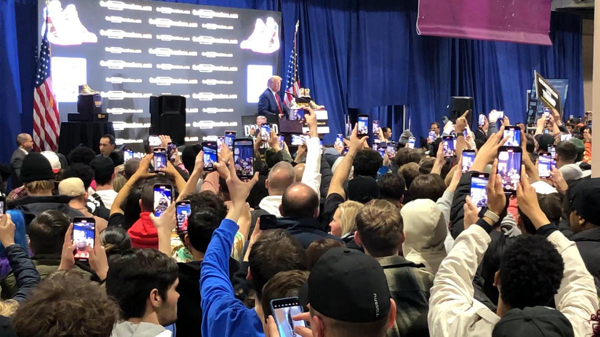 Republican presidential candidate and former President Donald Trump spoke to the crowd of sneaker enthusiasts at the Pennsylvania Convention Center in Philadelphia, Pa., on Feb. 17, 2024. (William Huang/The Epoch Times)