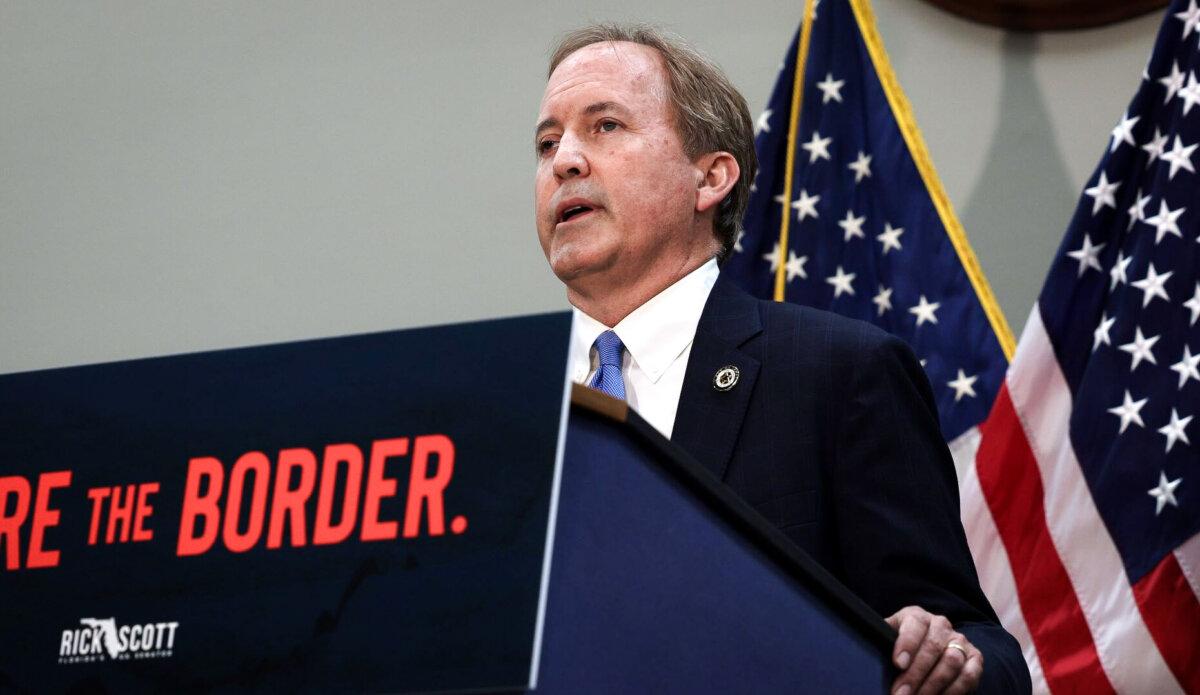 Texas Attorney General Ken Paxton speaks at a news conference on the U.S. Southern Border and President Joe Biden’s immigration policies, in the Hart Senate Office Building in Washington, on May 12, 2021. (Anna Moneymaker/Getty Images)