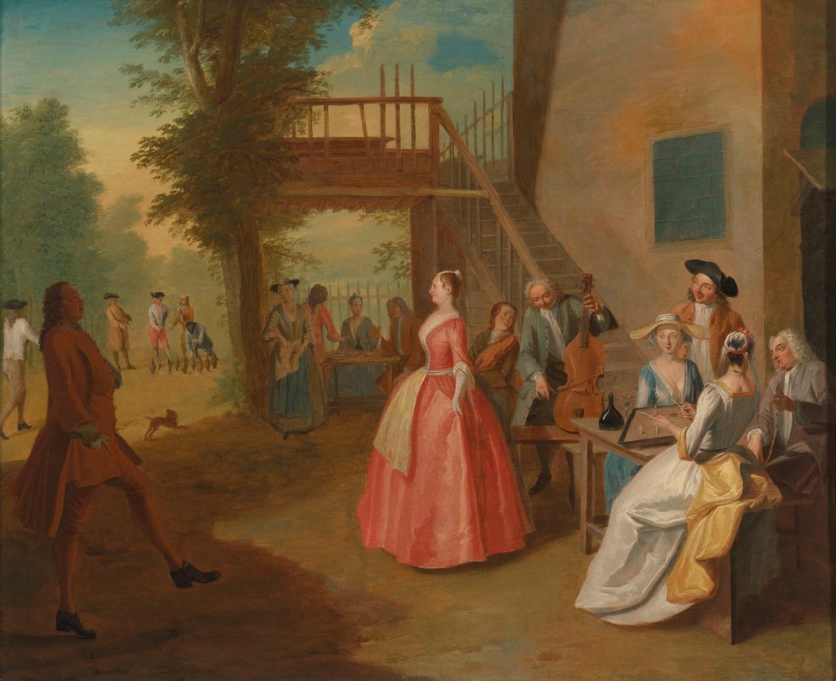 A dancing couple in an outdoor musical party with a dulcimer musician on right, 18h century, by Joseph François Nollekens. Oil on copper. Private collection. (Public Domain)