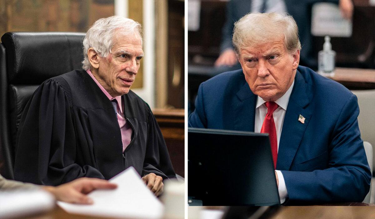 (Left) New York State Supreme Court Justice Arthur Engoron. (Dave Sanders/Pool Photo via AP) (Right) Former President Donald Trump in the courtroom on Oct. 17, 2023. (Seth Wenig/Pool/Getty Images)