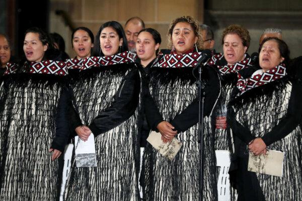 The Sydney Maori Choir performs during the Sydney Dawn Service in Sydney, Australia, on April 25, 2021. (Brendon Thorne/Getty Images)