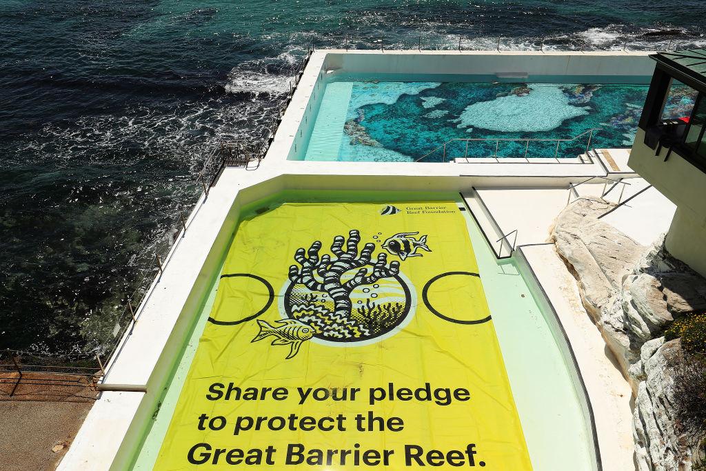 A Snapchat logo and coral decorates the Bondi Icebergs pool during the Snapchat x Great Barrier Reef Foundation announcement at Bondi Icebergs in Sydney, Australia on Dec. 2, 2021. (Mark Metcalfe/Getty Images)