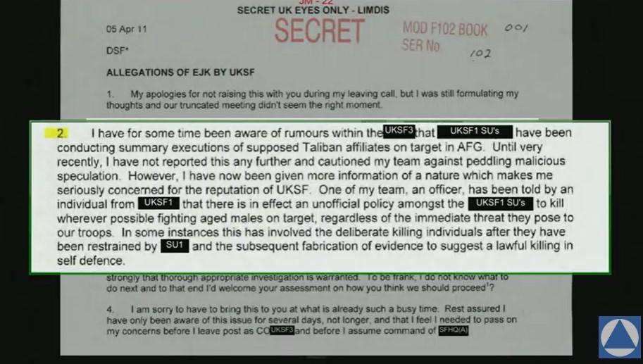 A screenshot from a livestream showing a letter written by the former commander of the UKSF3 special forces unit to the director of special forces in 2011, which was shown to veterans' minister Johnny Mercer during his testimony to an independent inquiry on Afghanistan, in London on Feb. 20, 2024. (Independent Inquiry into Afghanistan)